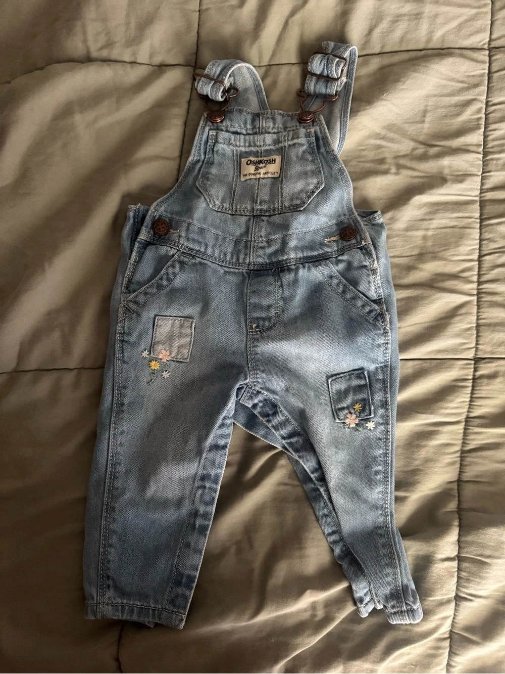 OshKosh B'gosh Light Wash Denim Overalls with Embroidered Flowers